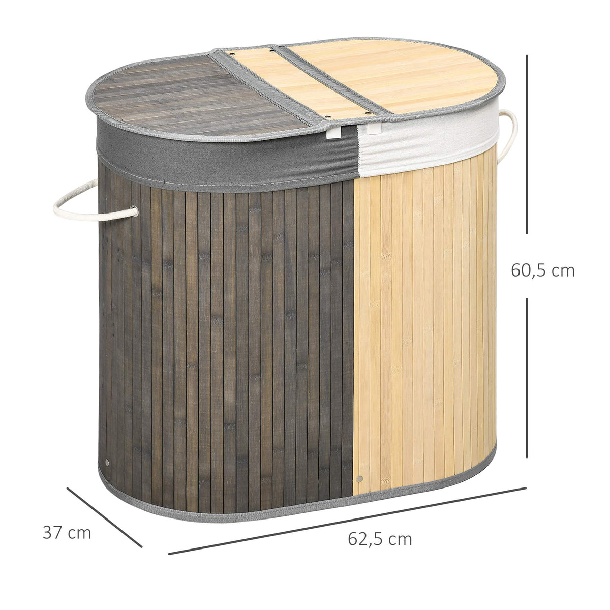 100L Bamboo Laundry Basket, Dual Compartments, Grey/Natural