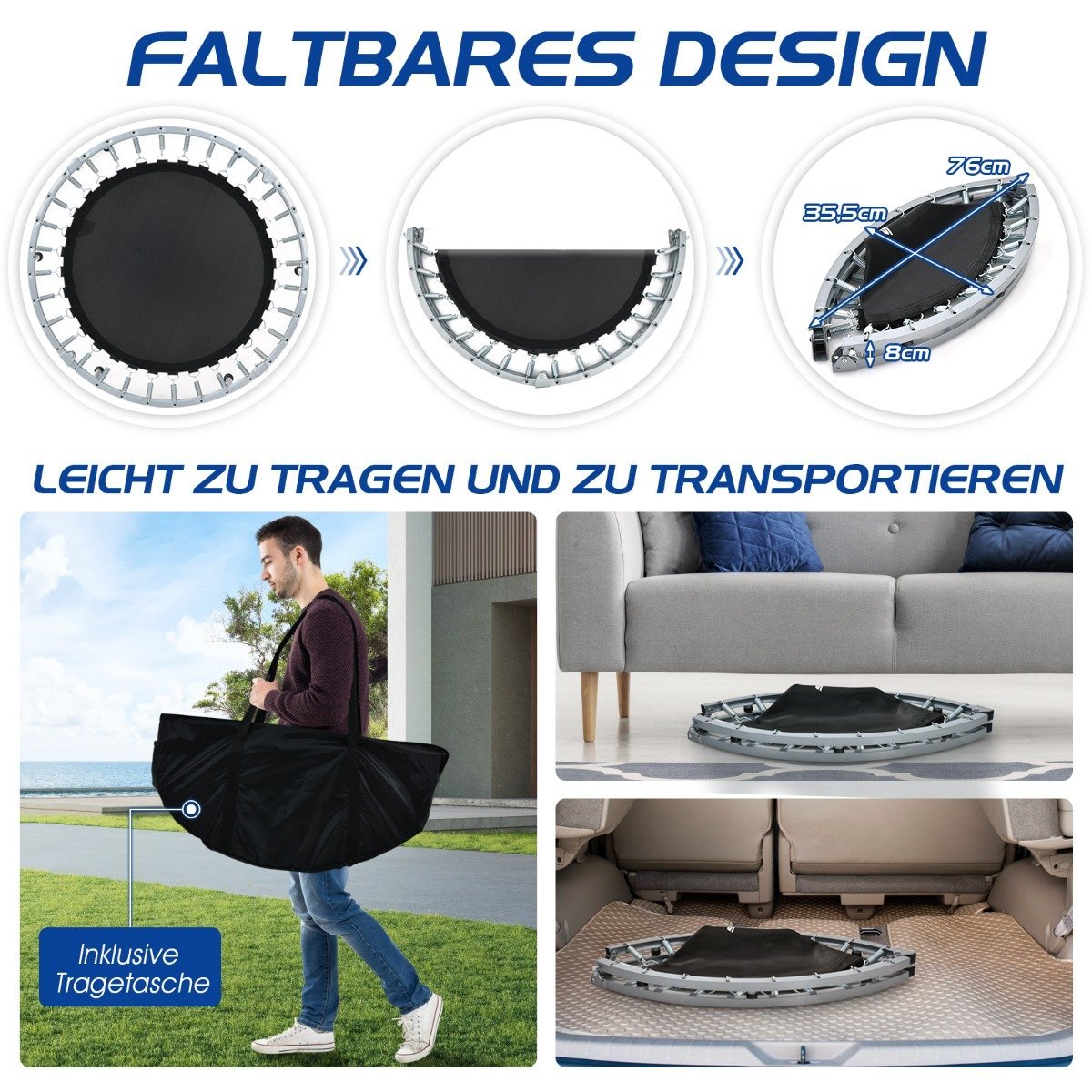 Ø101 cm folding mini trampoline fitness trampoline with height-adjustable handle blue + black