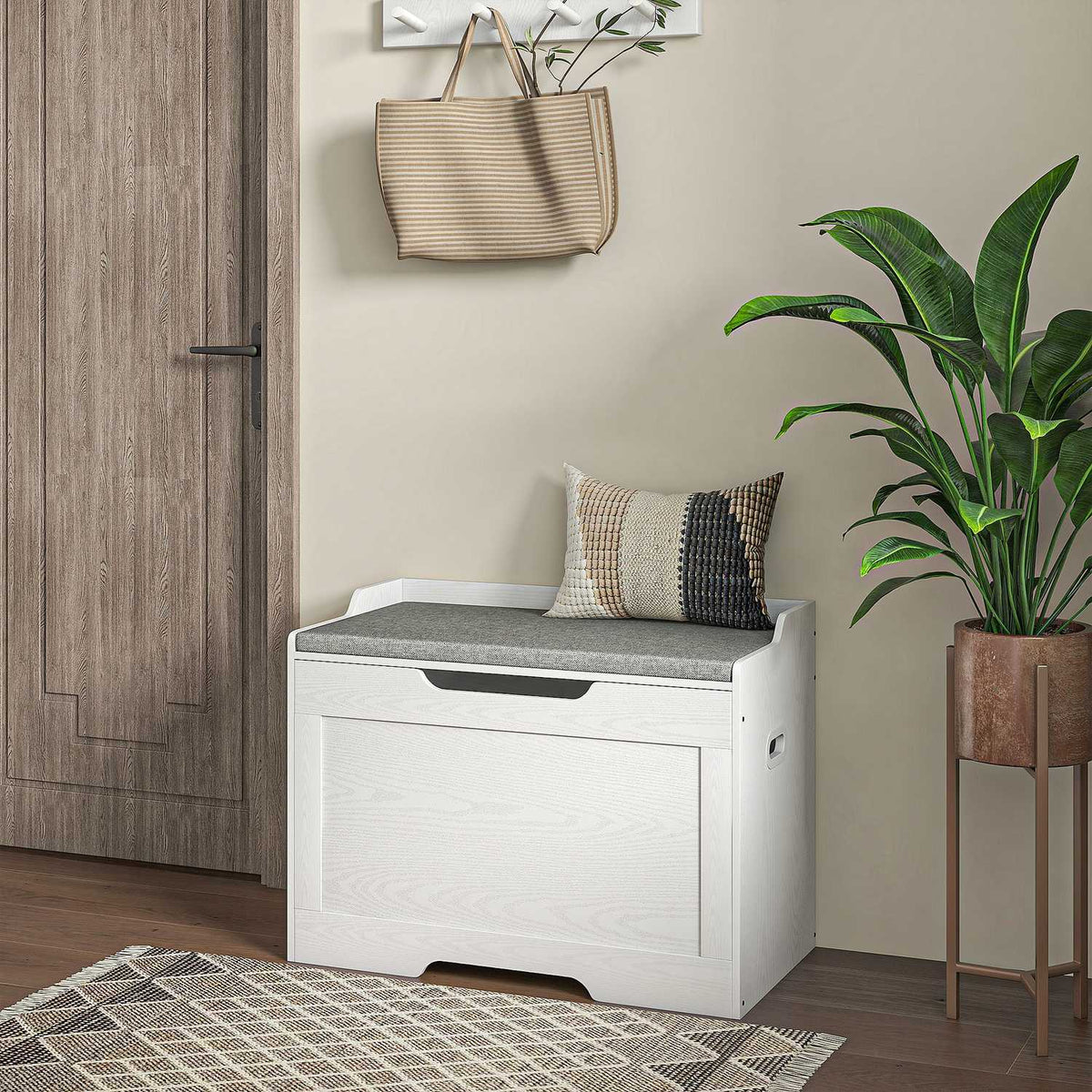 103 liter storage chest with lid, seat, seat chest with storage space, removable seat cushion, for living room, bedroom, white