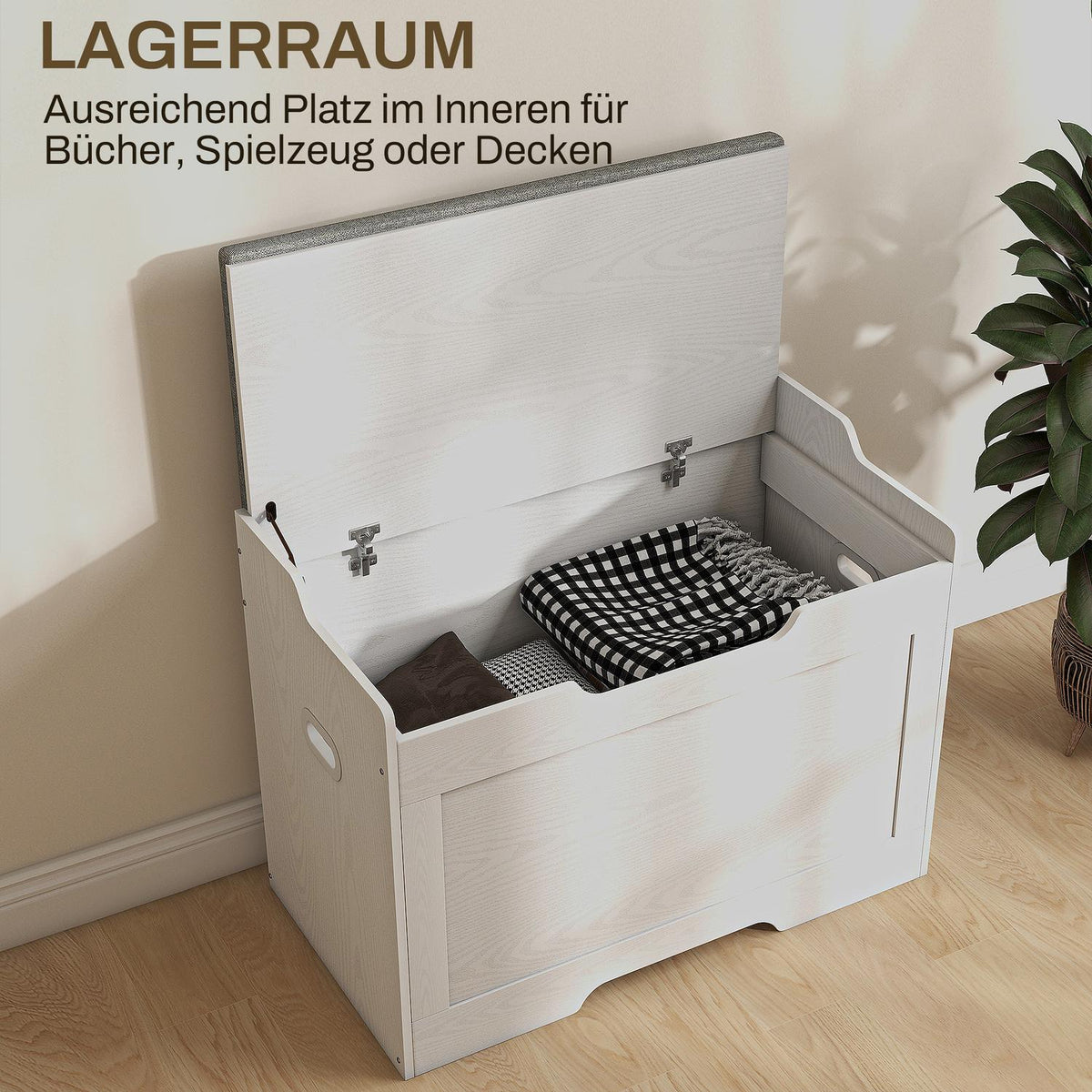 103 liter storage chest with lid, seat, seat chest with storage space, removable seat cushion, for living room, bedroom, white