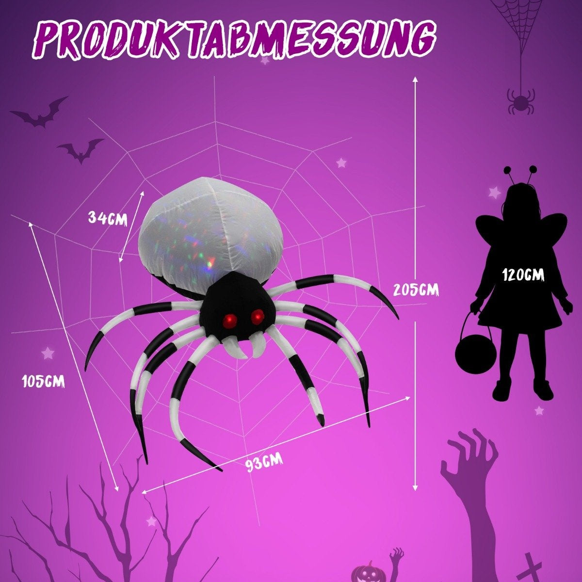 105 cm wide inflatable Halloween spider with multi-colored lights and blower