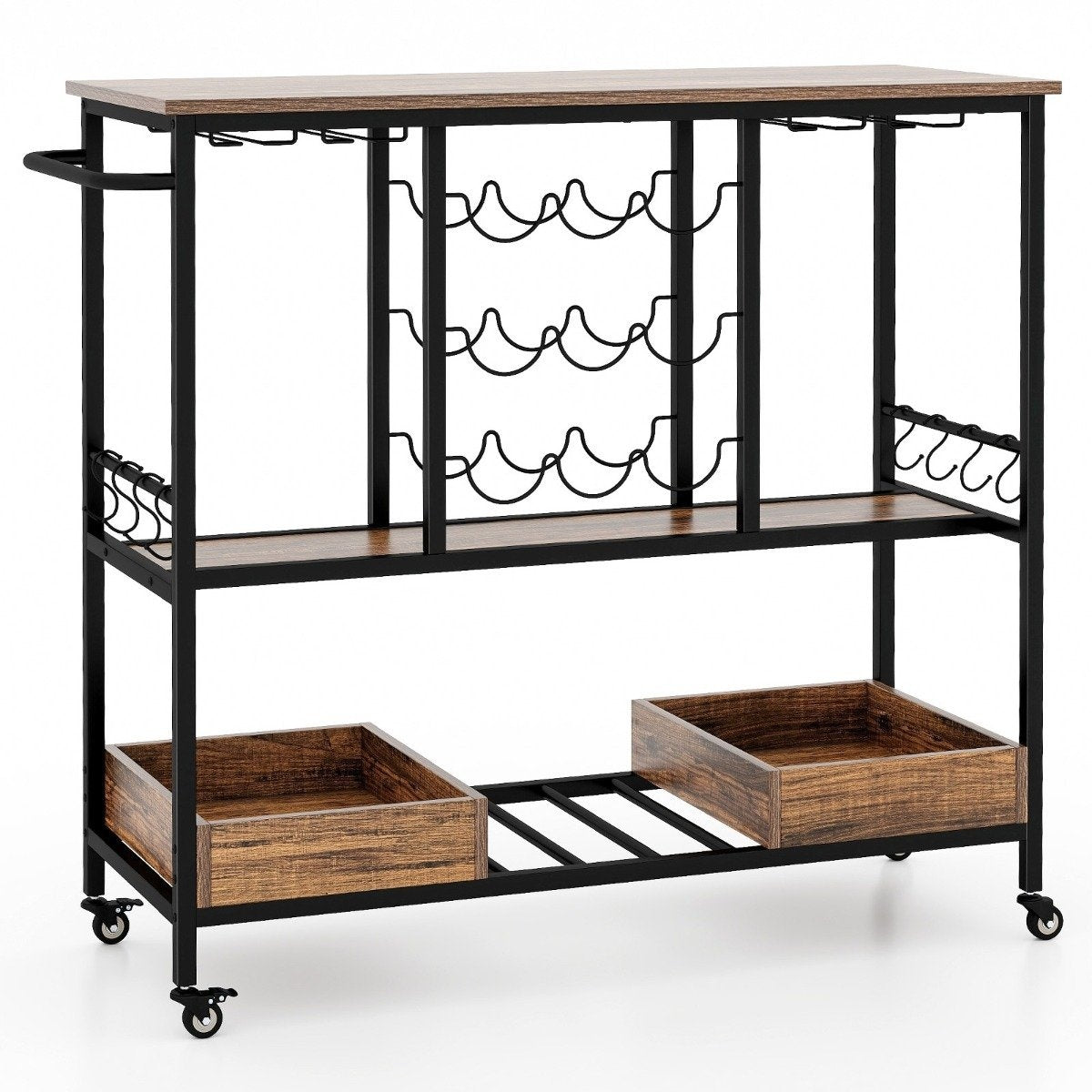 108 x 40 x 91 cm 3-tier kitchen trolley with wheels & Glass holders & Wine Rack & Hook serving trolley trolley brown
