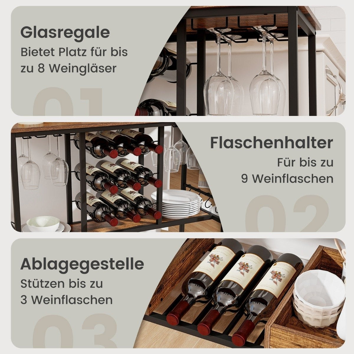 108 x 40 x 91 cm 3-tier kitchen trolley with wheels & Glass holders & Wine Rack & Hook serving trolley trolley brown