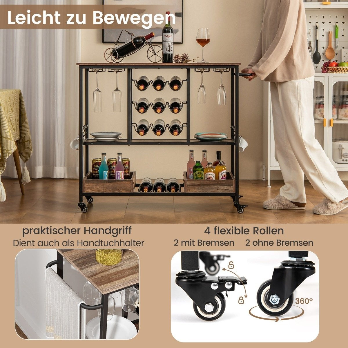 108 x 40 x 91 cm 3-tier kitchen trolley with wheels & Glass holders & Wine Rack & Hook serving trolley trolley gray
