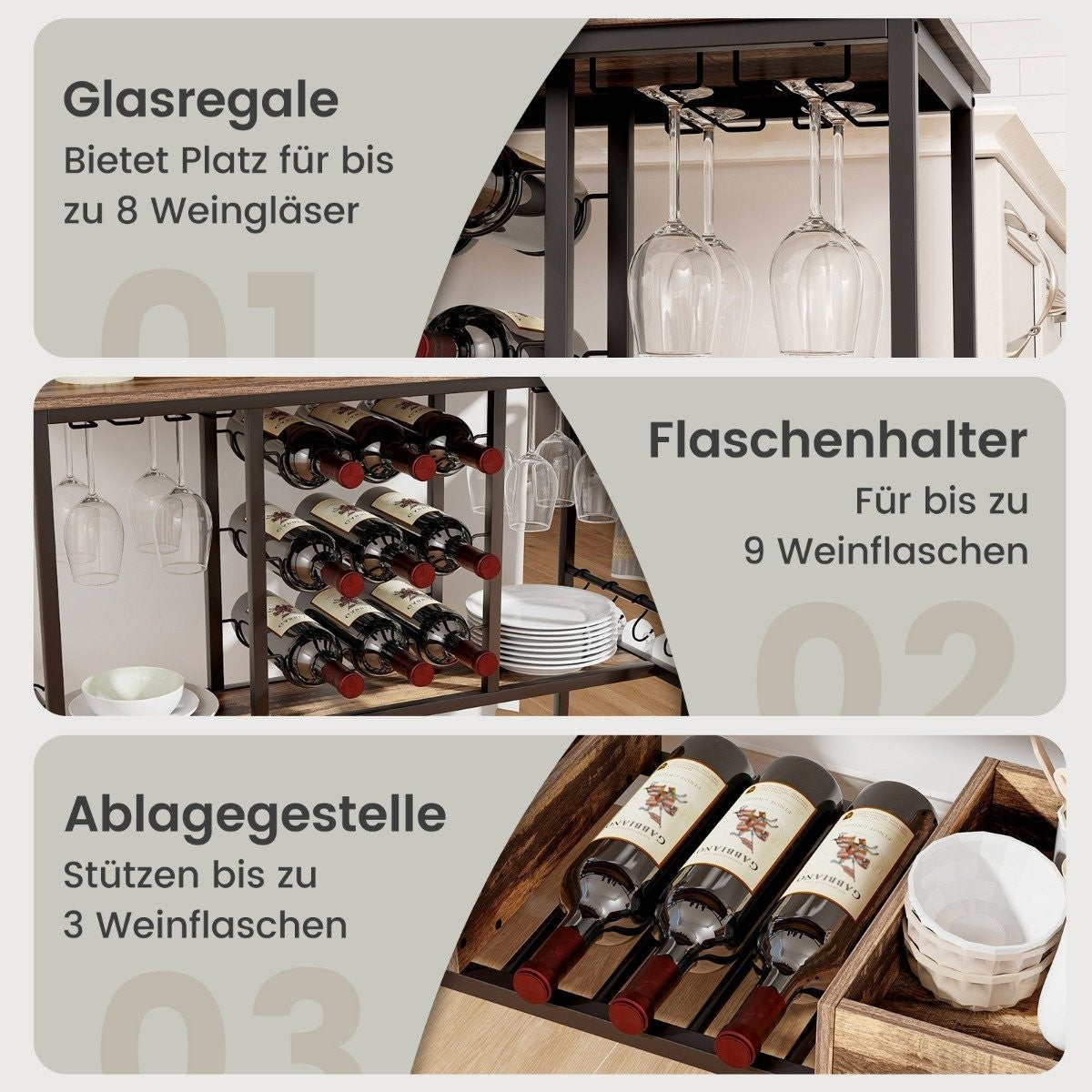 108 x 40 x 91 cm 3-tier kitchen trolley with wheels & Glass holders & Wine Rack & Hook serving trolley trolley gray