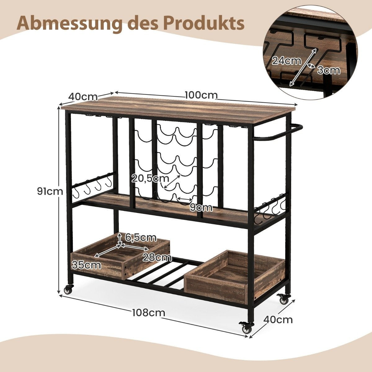108 x 40 x 91 cm 3-tier kitchen trolley with wheels & Glass holders & Wine Rack & Hook serving trolley trolley gray