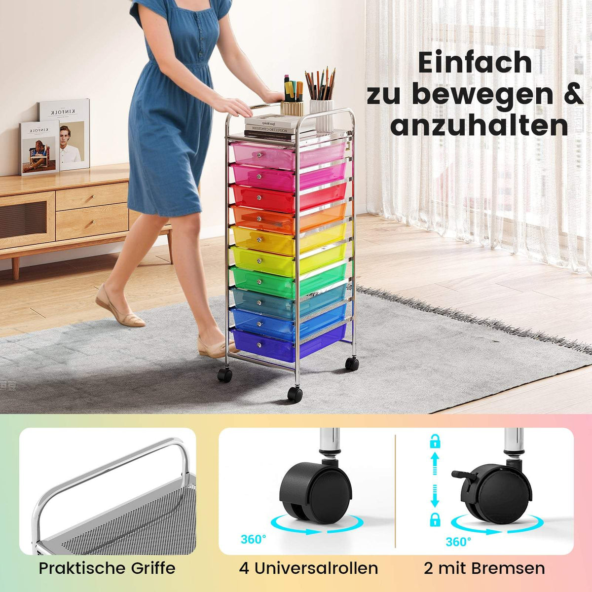 10-Drawer Rolling Cart with Lockable Wheels, Metal Frame