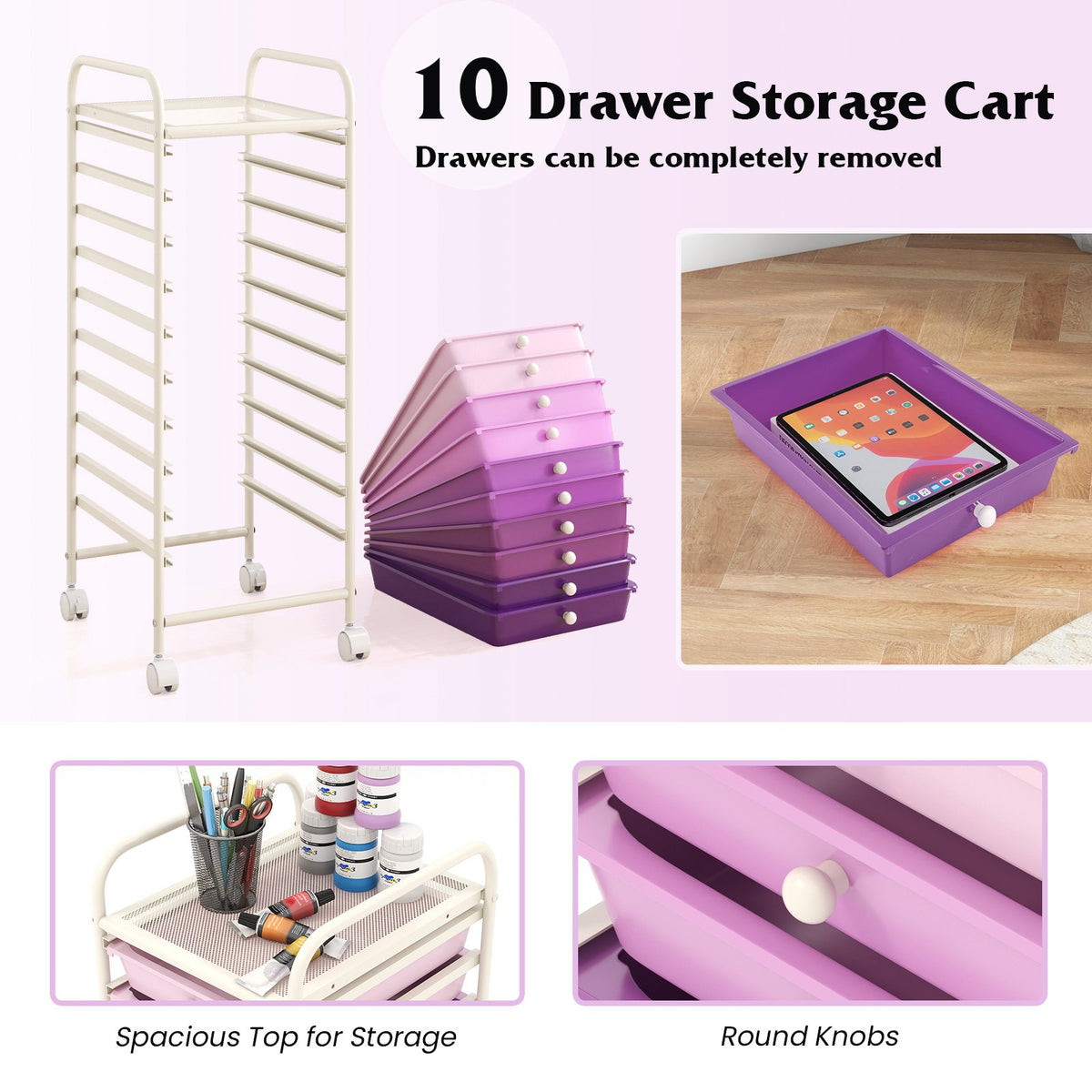 10-Drawer Rolling Storage Cart, Locking Casters, Purple