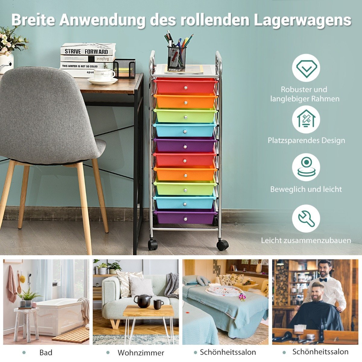 10-Drawer Rolling Storage Cart, Red & Purple, 33x37x86 cm