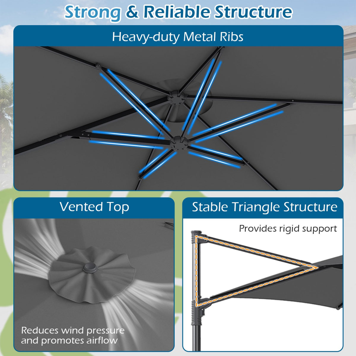 10 Ft Cantilever Patio Umbrella – 360 Swivel, Vent
