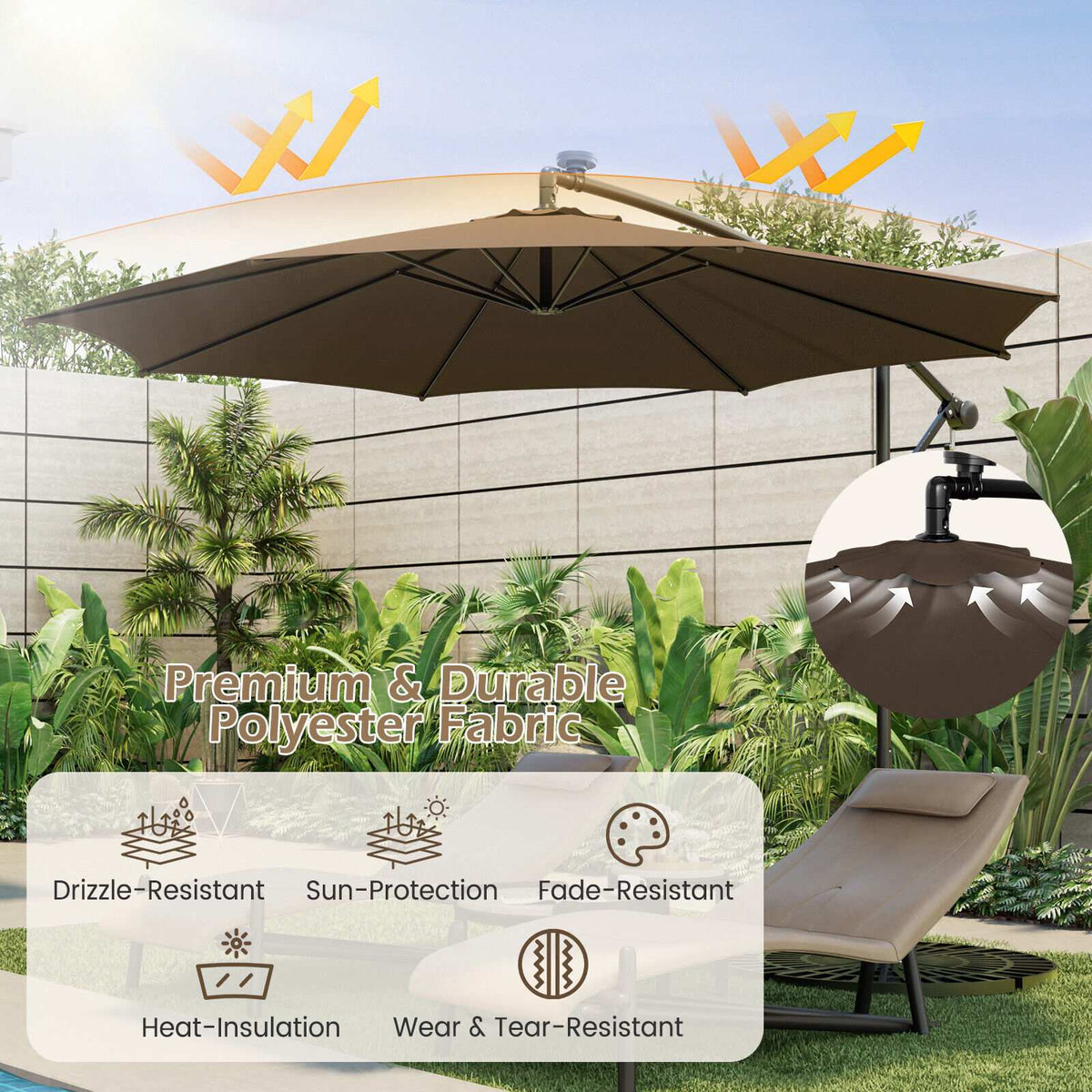 10 Ft Patio Offset Umbrella, 112 Solar LED Lights, Beige