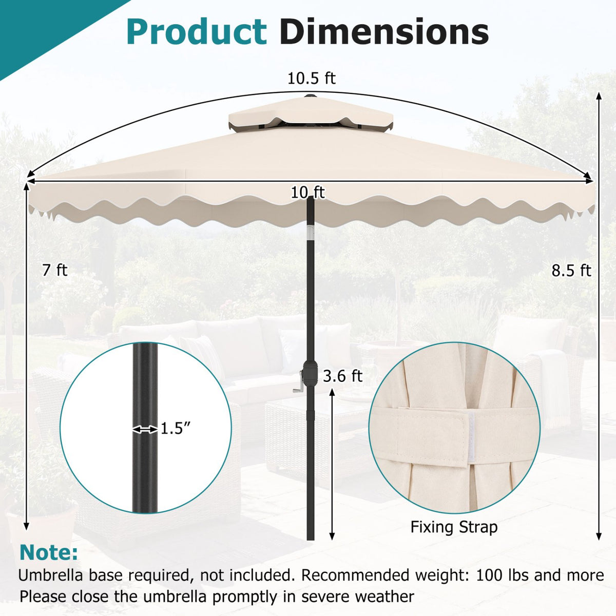 10 Ft Patio Umbrella, Push-Button Tilt, Crank, Beige