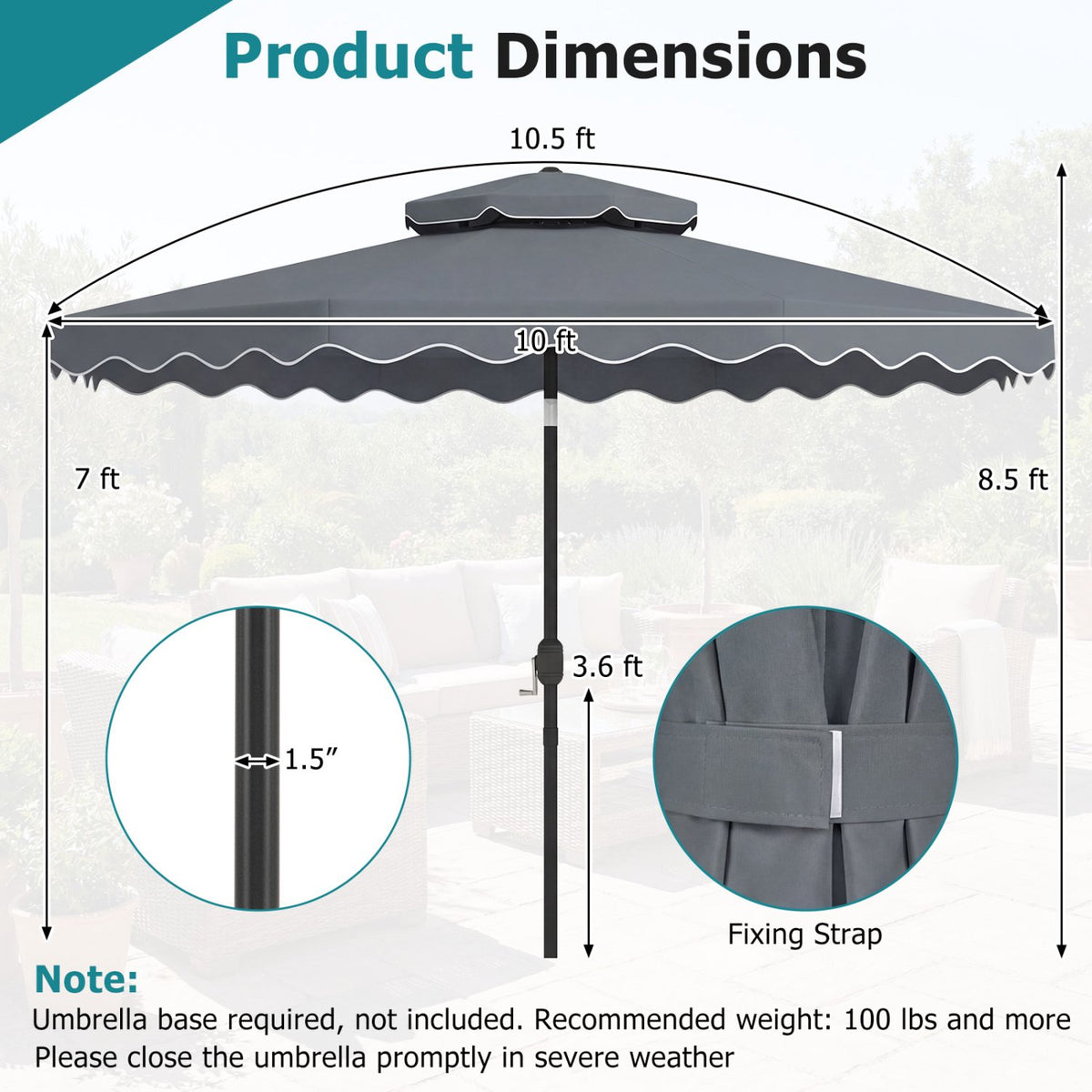 10 Ft Patio Umbrella, Push-Button Tilt, Crank, Gray