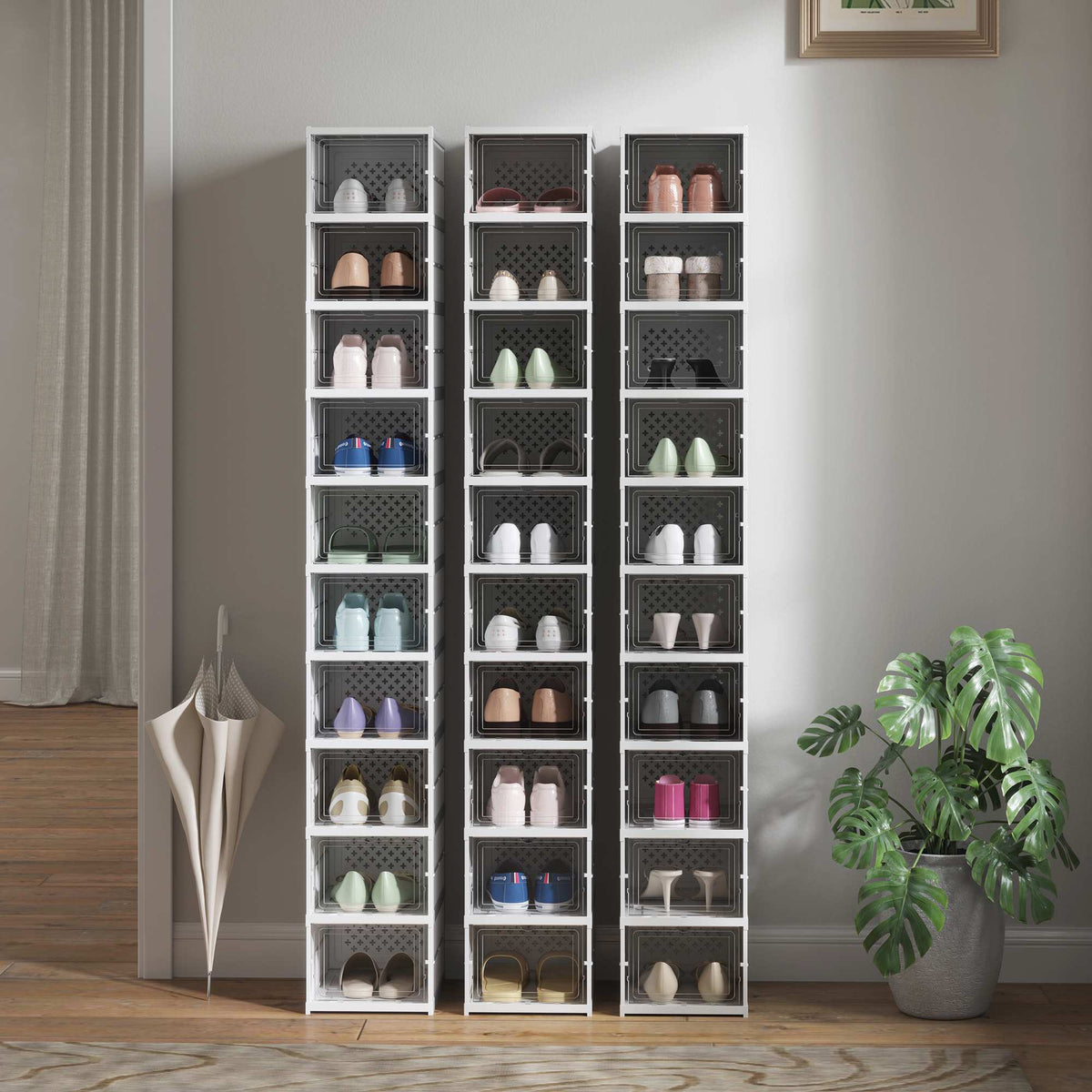 10-Tier Foldable Shoe Rack, Ventilated Back, White Plastic
