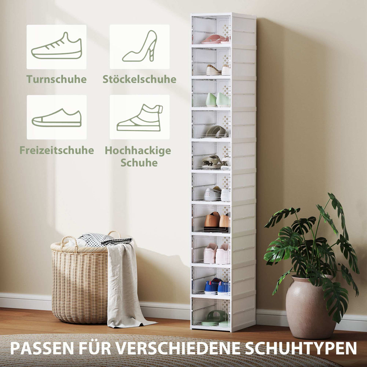 10-Tier Foldable Shoe Rack, Ventilated Back, White Plastic