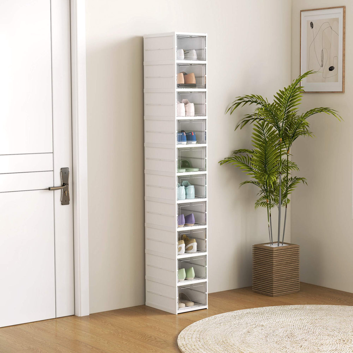 10-Tier Foldable Shoe Rack, Ventilated Back, White Plastic