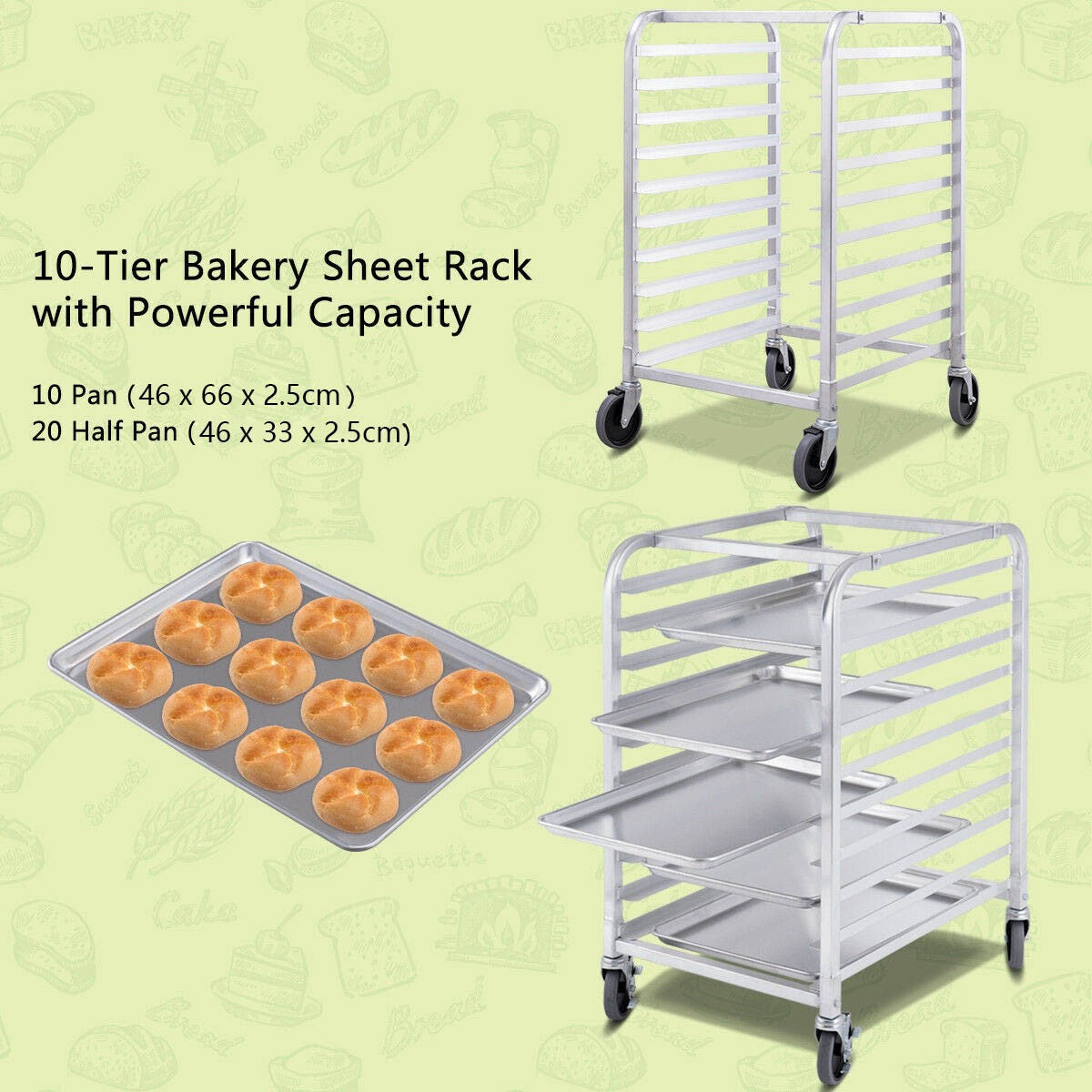 10-Tier Sheet Pan Rack, Aluminum, Locking Casters