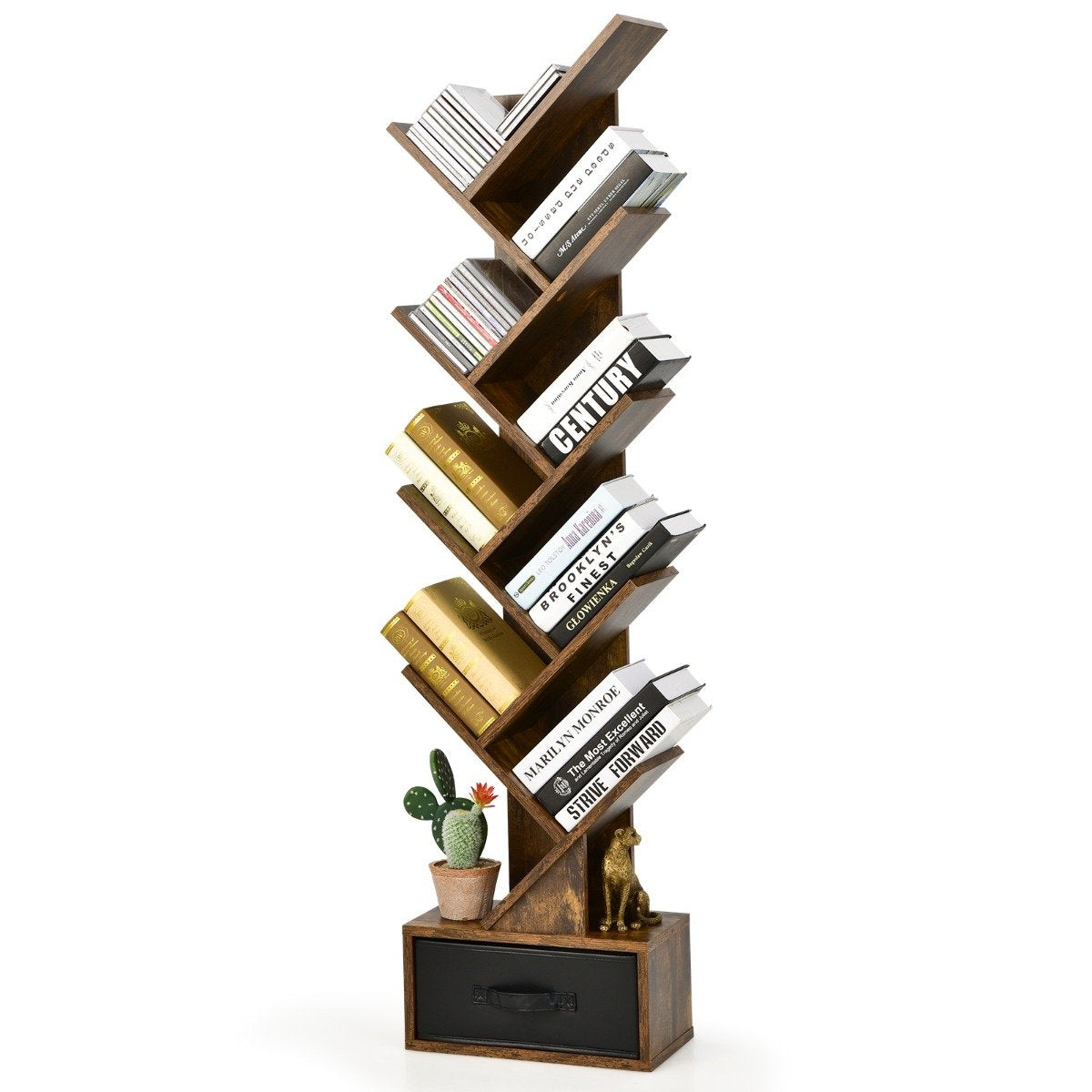10 Tier Tree Bookcase with Drawer for Bedroom/Living Room Rustic Brown
