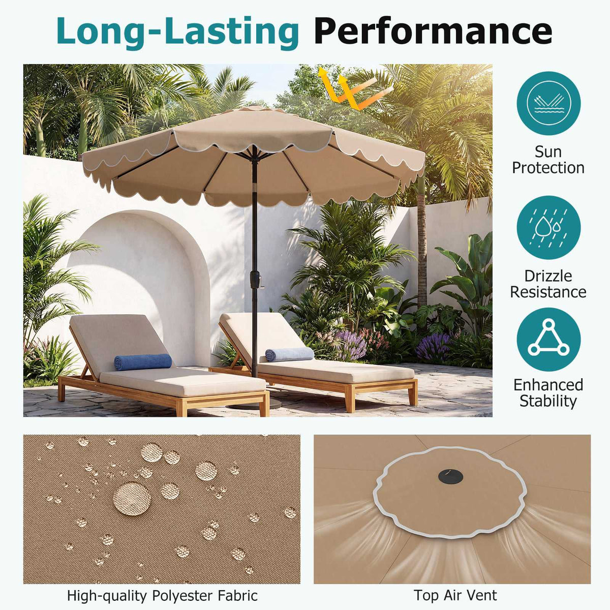 10 ft Patio Umbrella, Push-Button Tilt, Crank, Vented