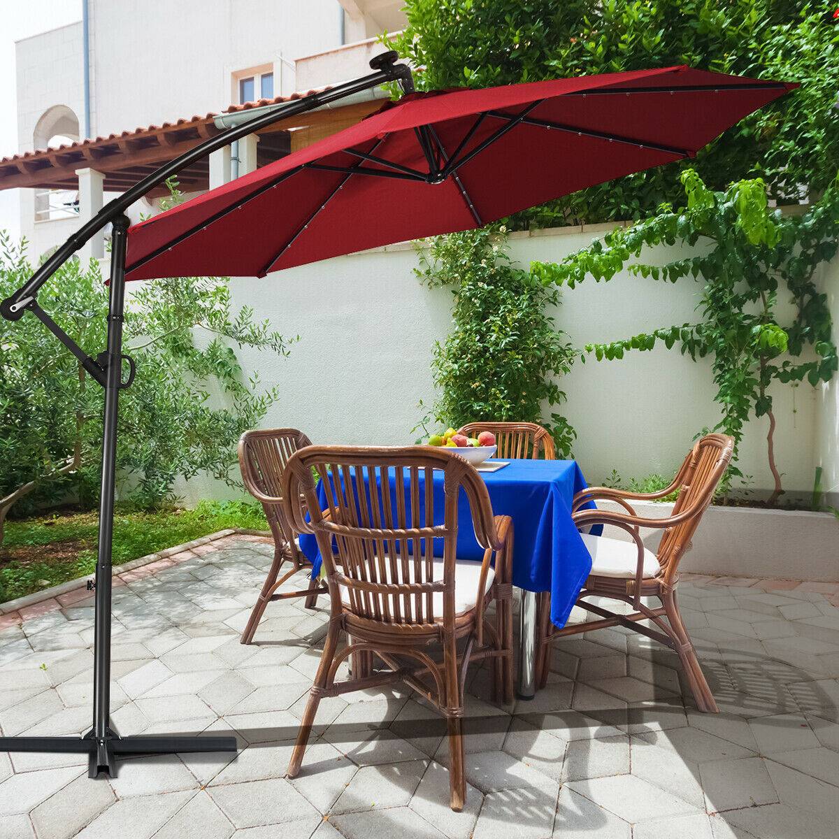 10ft Solar LED Offset Patio Umbrella, 360 Tilt, Burgundy