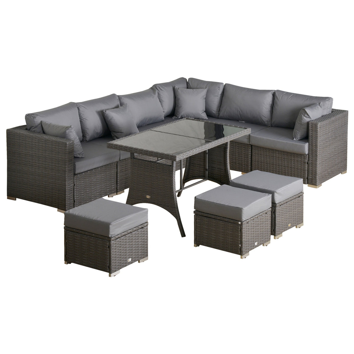 10 pcs. Rattan seating group, with corner chairs, table, stools, seat and back cushions, PE rattan, polyester, 120 x 68 x 73 cm, dark gray |