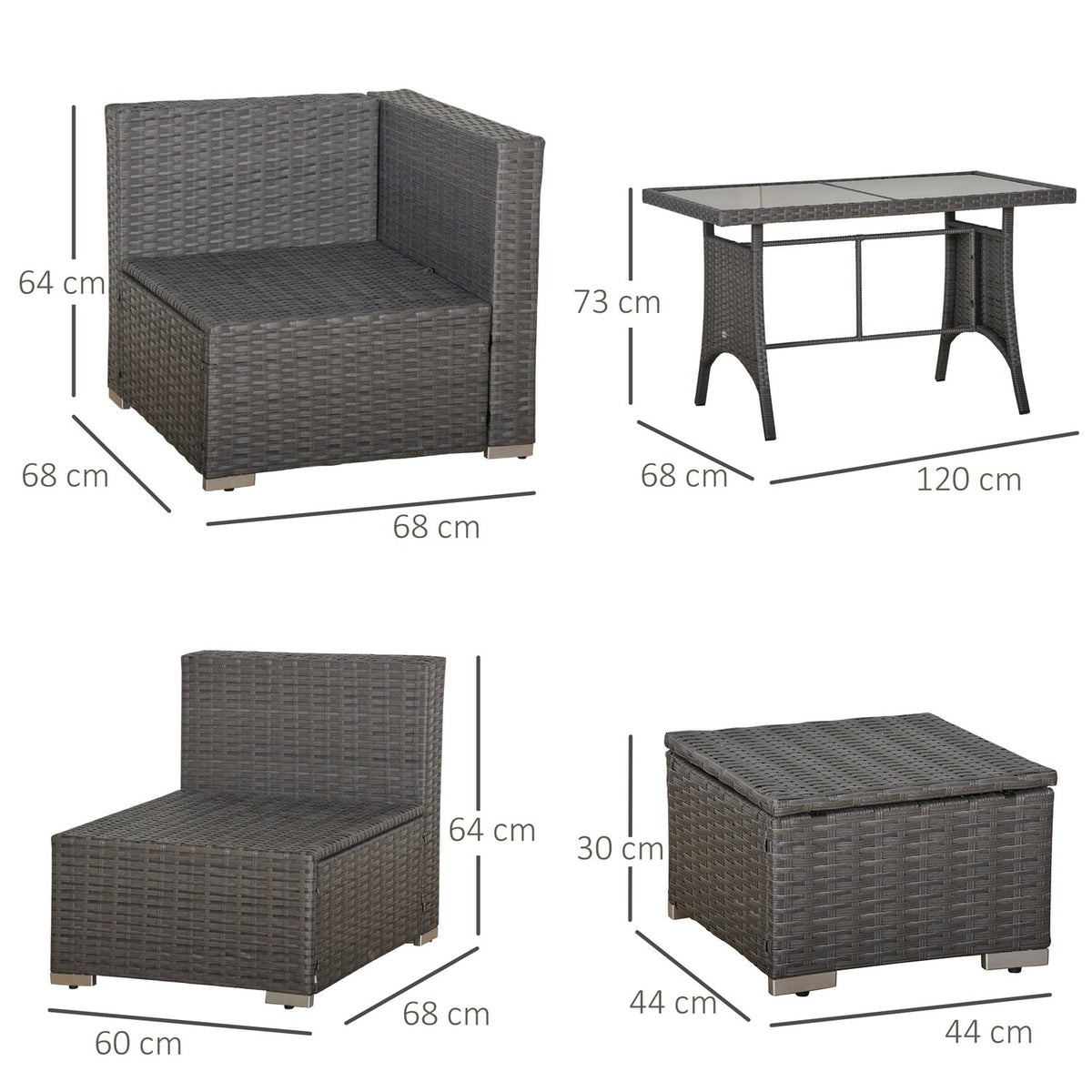 10 pcs. Rattan seating group, with corner chairs, table, stools, seat and back cushions, PE rattan, polyester, 120 x 68 x 73 cm, dark gray |
