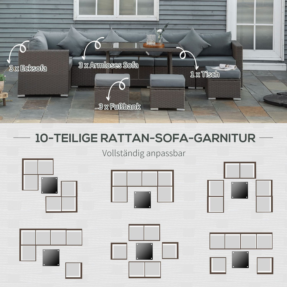 10 pcs. Rattan seating group, with corner chairs, table, stools, seat and back cushions, PE rattan, polyester, 120 x 68 x 73 cm, dark gray |