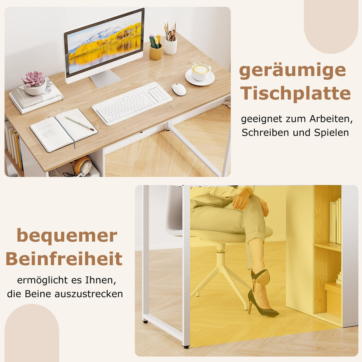 115 cm Computer Desk with 5 Storage Shelves, Natural Finish