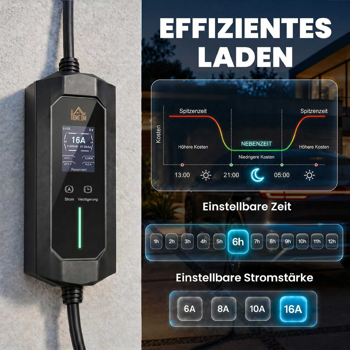 11kW Type 2 EV Charger, 8m Cable, Adjustable Power
