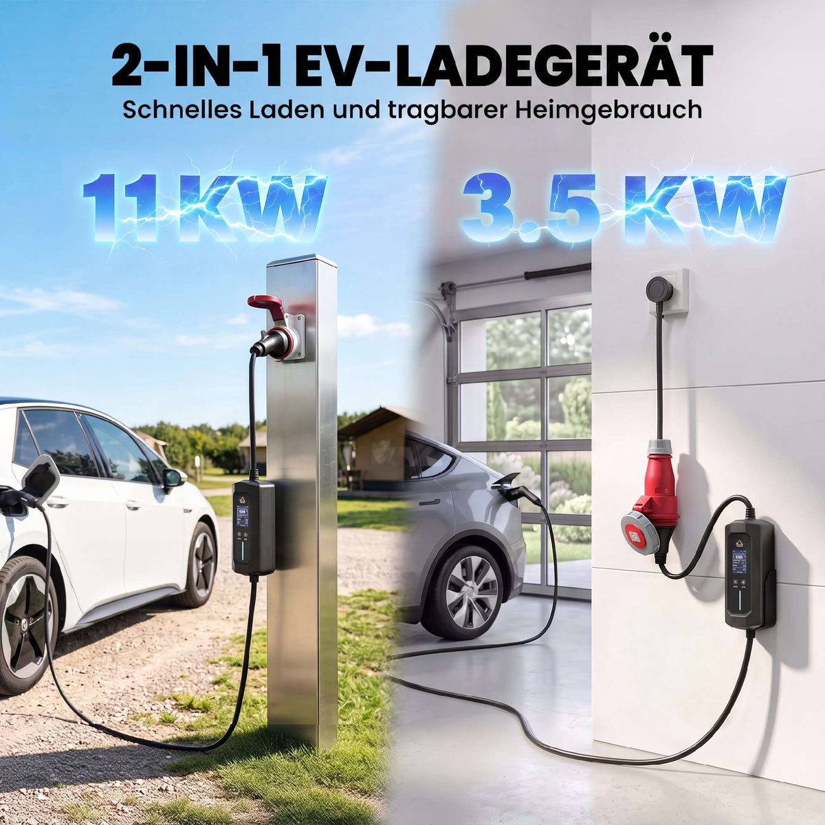 11kW Type 2 EV Charger, 8m Cable, Adjustable Power