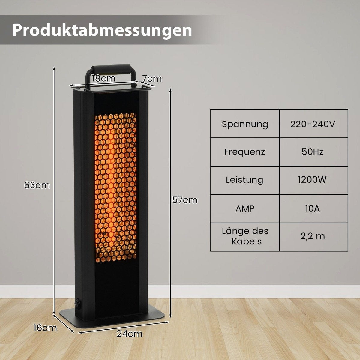 1200W freestanding heater with tipping and overheating protection, electric heater made of aluminum, patio heater, waterproof