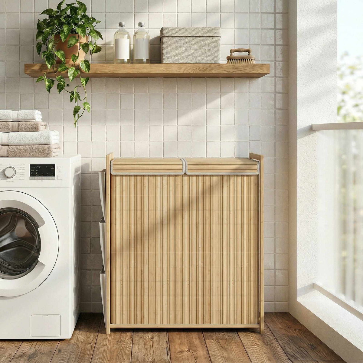 120L Bamboo Laundry Hamper With Lid, Side Pockets