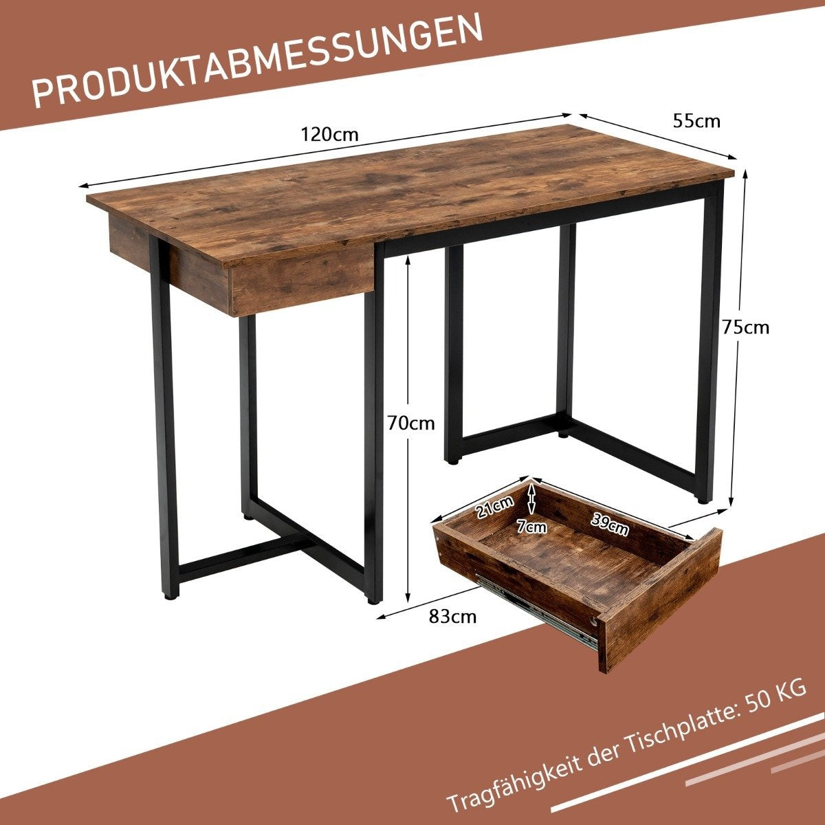 120cm Long Computer Desk with Drawer & Adjustable Pads Computer Desk Rustic Brown