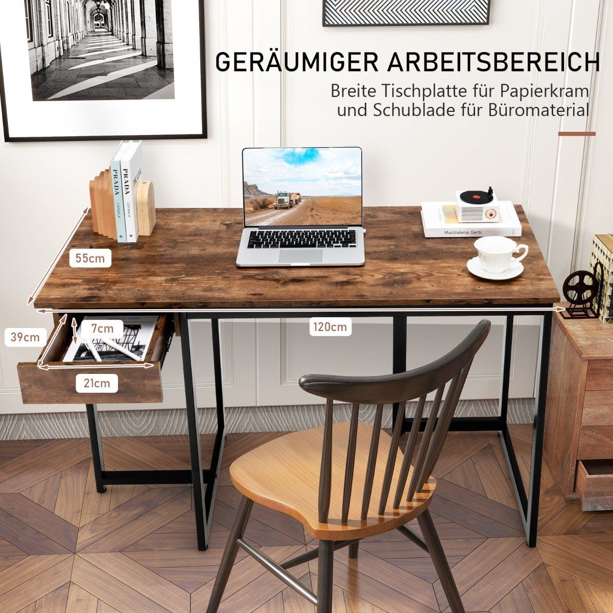 120cm Long Computer Desk with Drawer & Adjustable Pads Computer Desk Rustic Brown