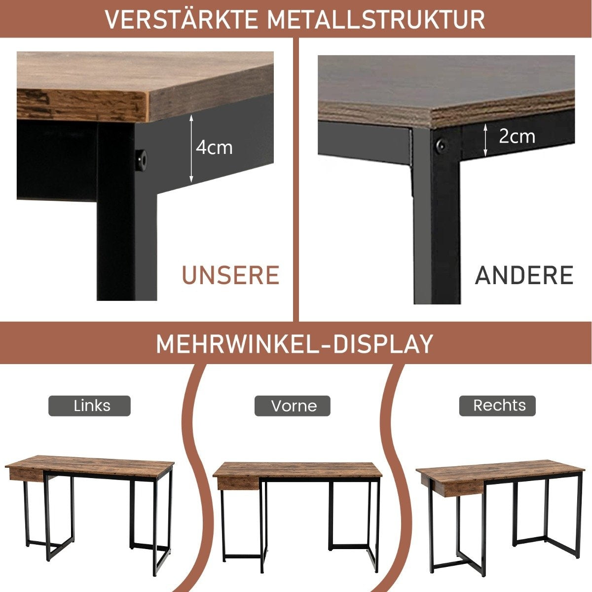 120cm Long Computer Desk with Drawer & Adjustable Pads Computer Desk Rustic Brown