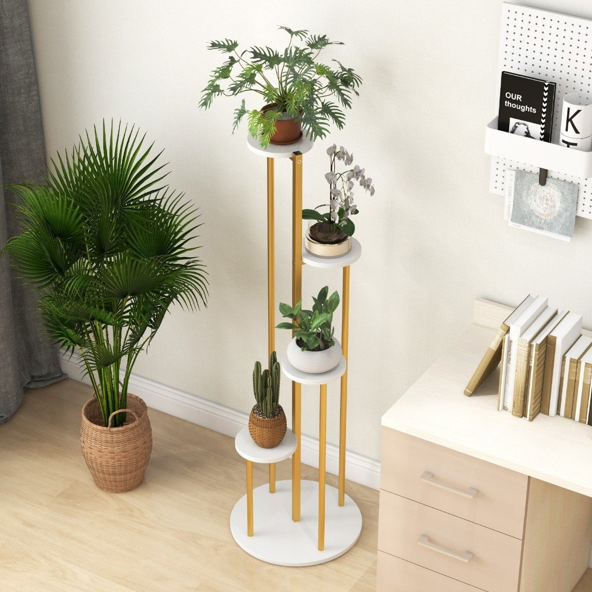 122.5cm 4 Tier Metal Plant Stand with Gold Metal Frame White