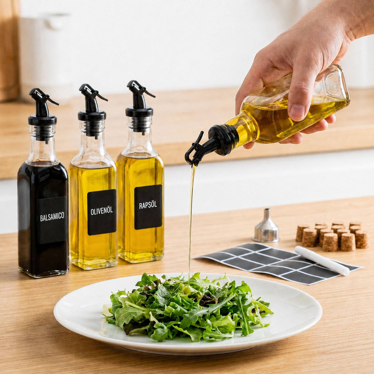 12 Glass Oil Bottles with Pourers and Labels Set