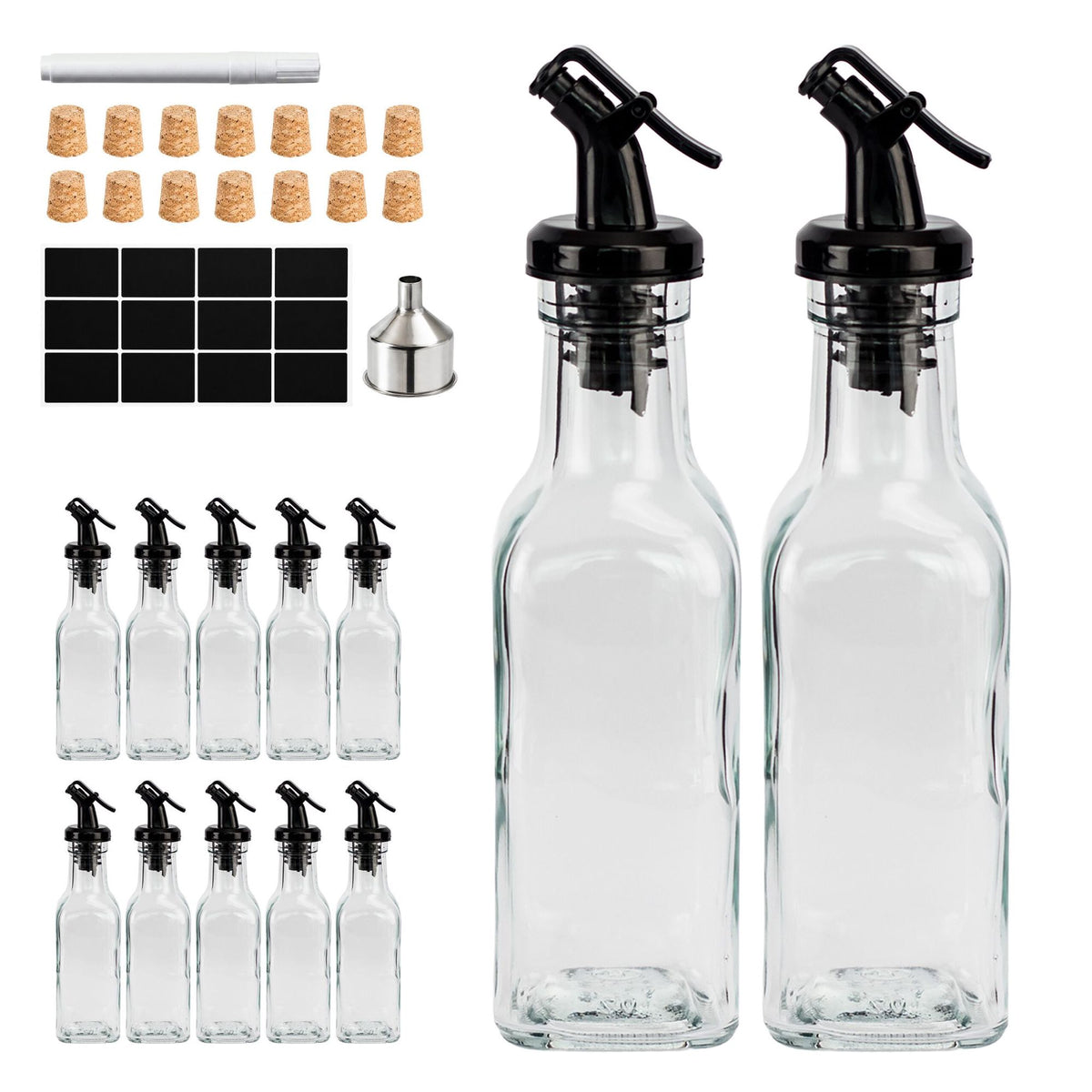 12 Glass Oil Bottles with Pourers and Labels Set