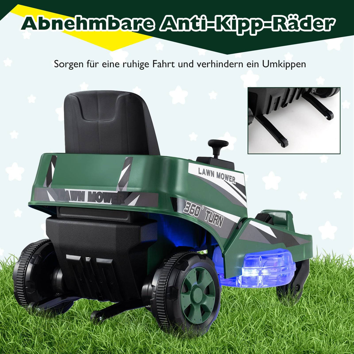 12V Kids Ride-On Mower with 360 Rotation & LED Lights