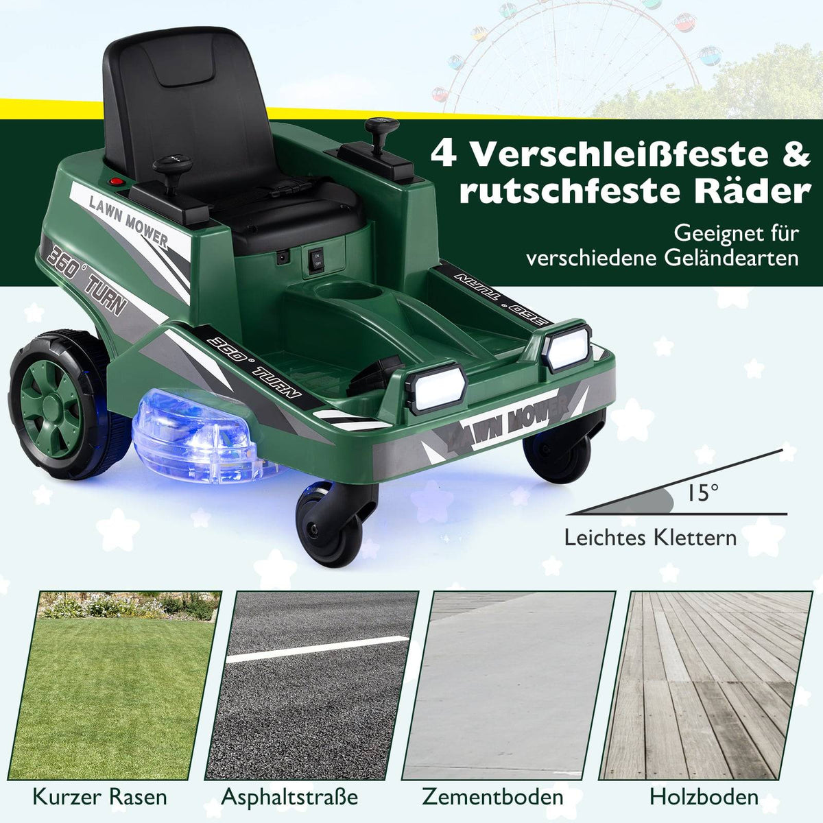 12V Kids Ride-On Mower with 360 Rotation & LED Lights