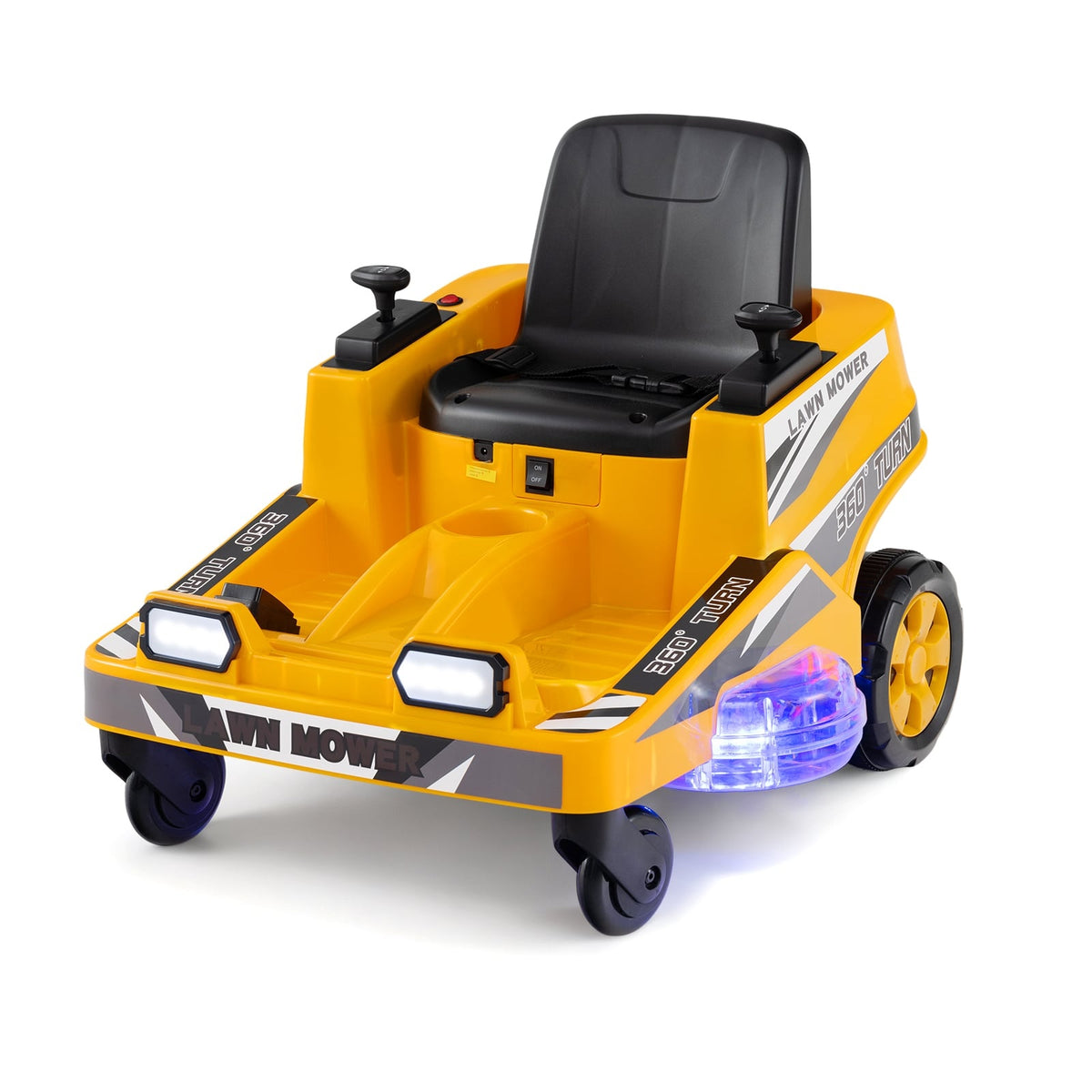 12V Kids Ride-On Mower with 360 Steering & LED Lights
