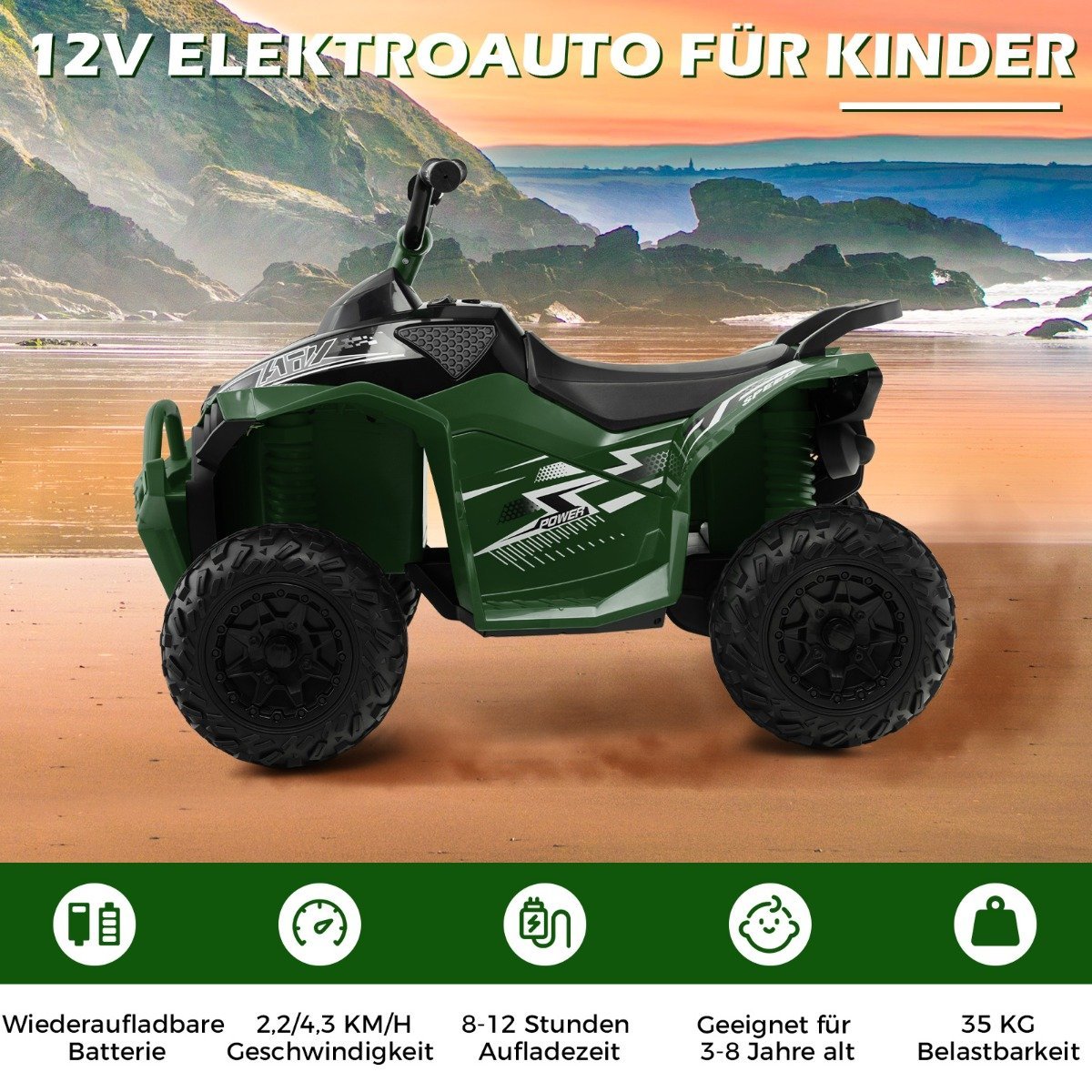 12V electric children's quad with 2.2/4.3 KM/H speed & Horn, music & LED lights electric quad green