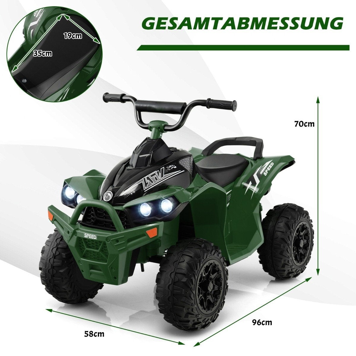 12V electric children's quad with 2.2/4.3 KM/H speed & Horn, music & LED lights electric quad green