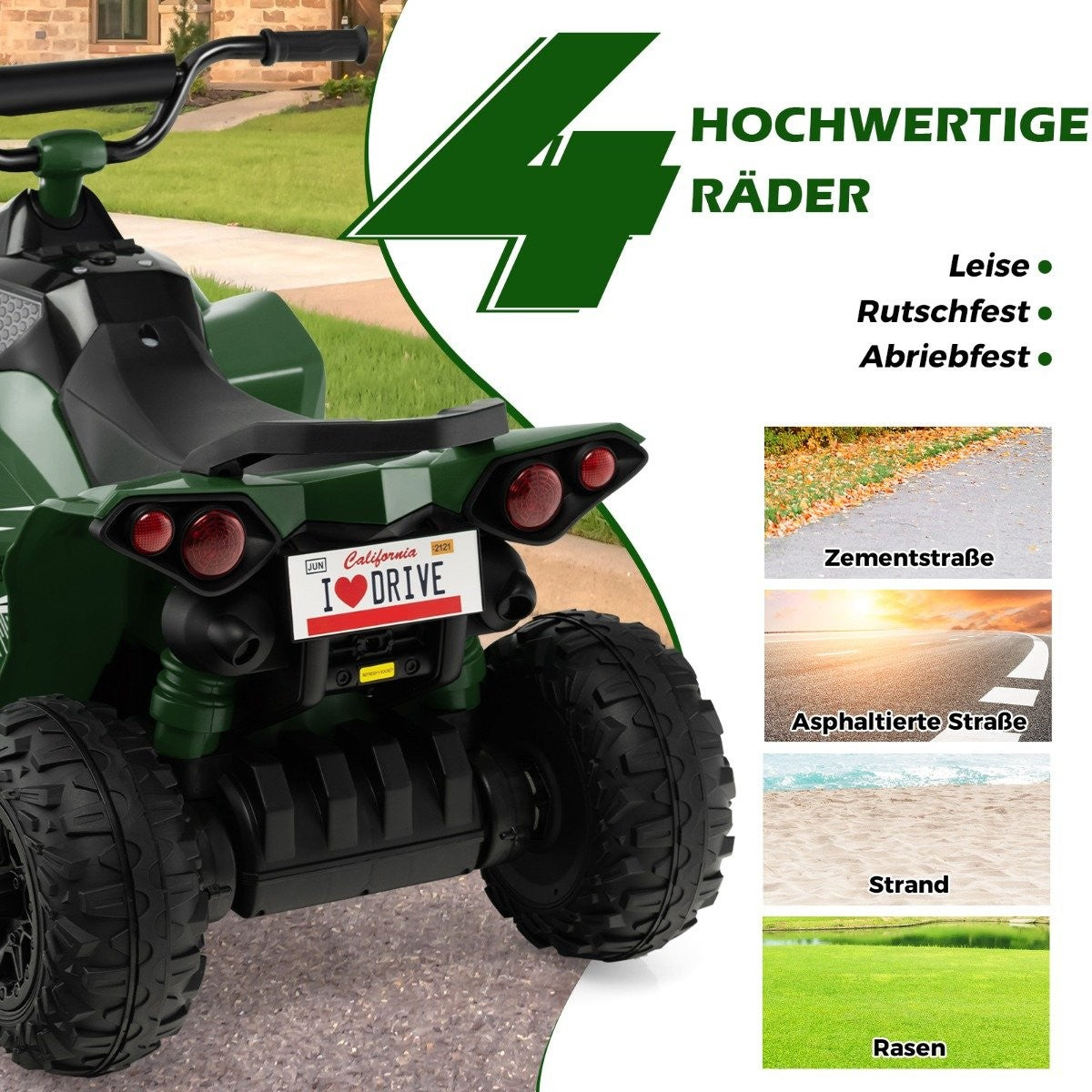 12V electric children's quad with 2.2/4.3 KM/H speed & Horn, music & LED lights electric quad green