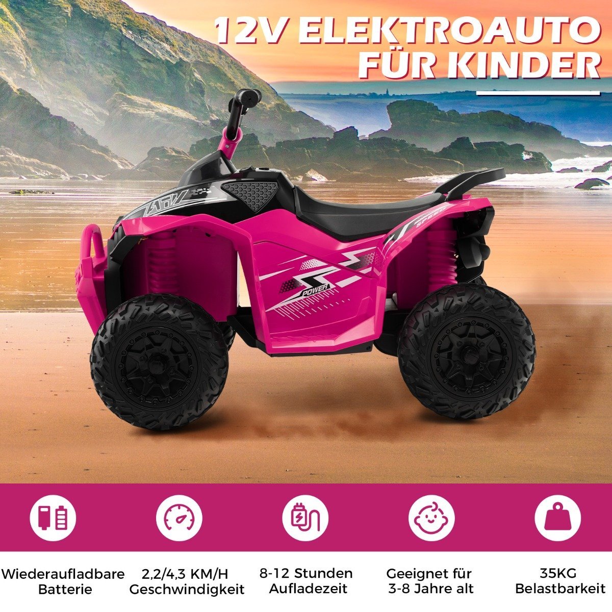 12V electric children's quad with 2.2/4.3 KM/H speed & Horn, music & LED lights electric quad pink
