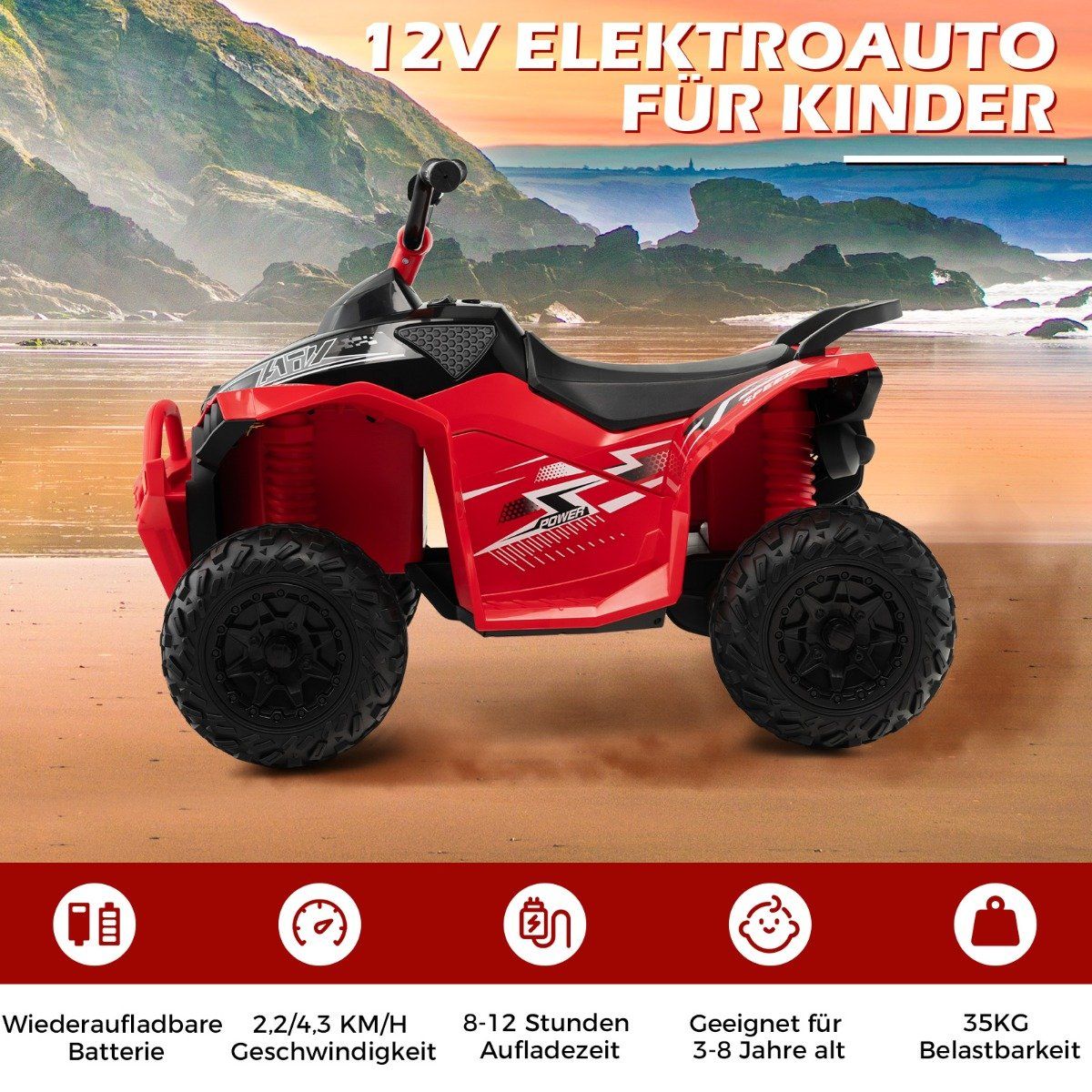 12V electric children's quad with 2.2/4.3 KM/H speed & Horn, music & LED lights electric quad red