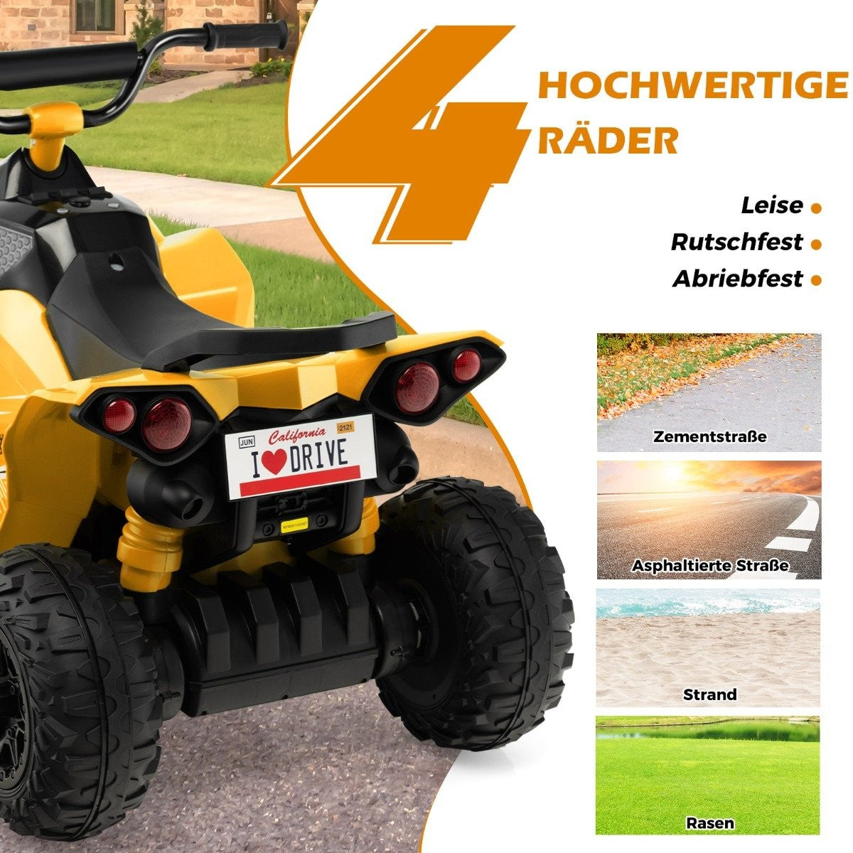 12V electric children's quad with 2.2/4.3 KM/H speed & Horn, music & LED lights electric quad yellow