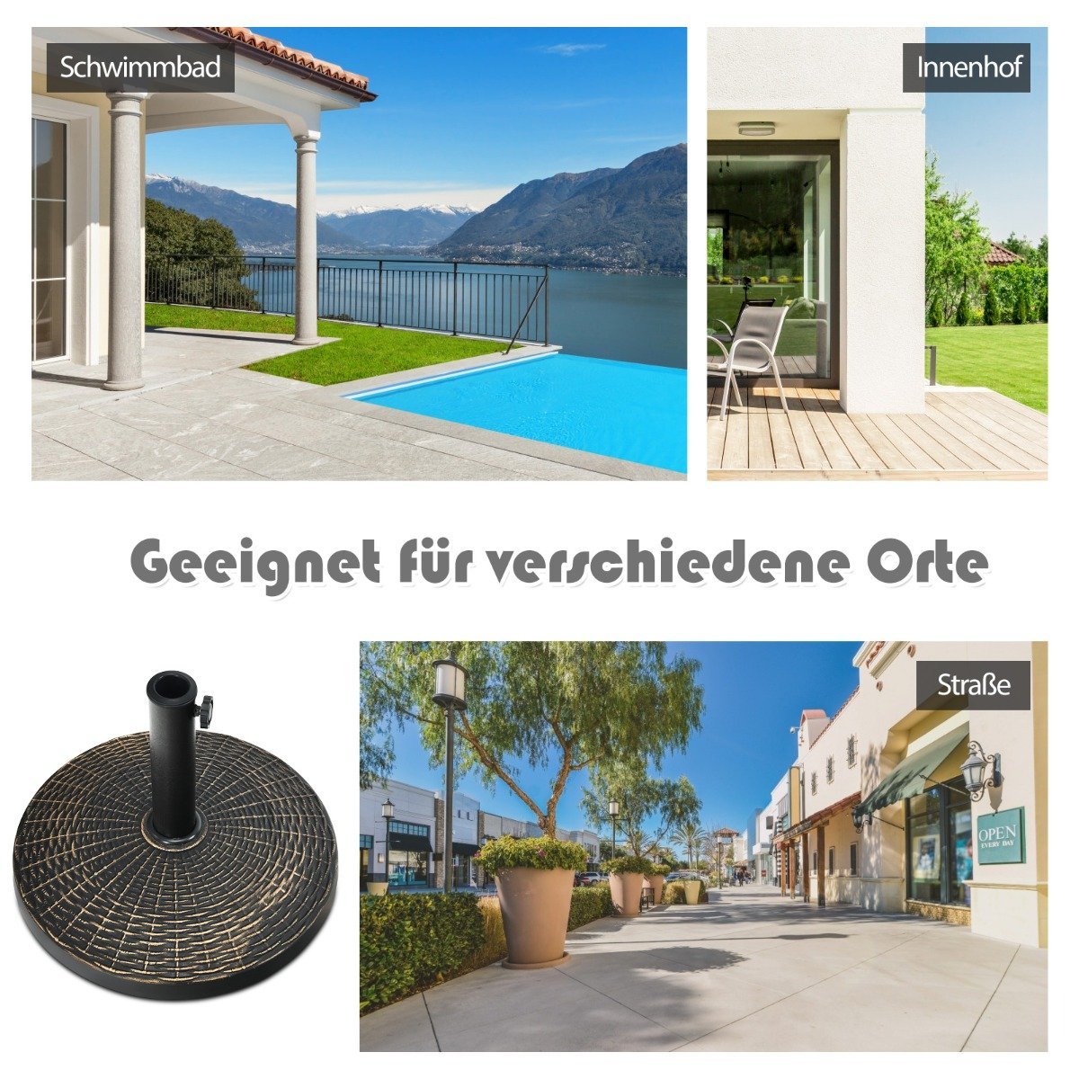 12 kg parasol base made of synthetic resin in rattan look Round umbrella stand Bronze
