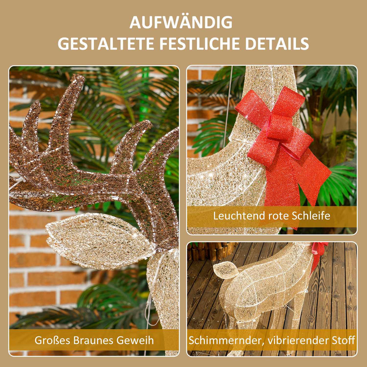 137 LED reindeer, Christmas decoration in warm white, Christmas lighting deer decoration with timer, steel frame, for indoor, outdoor, gold