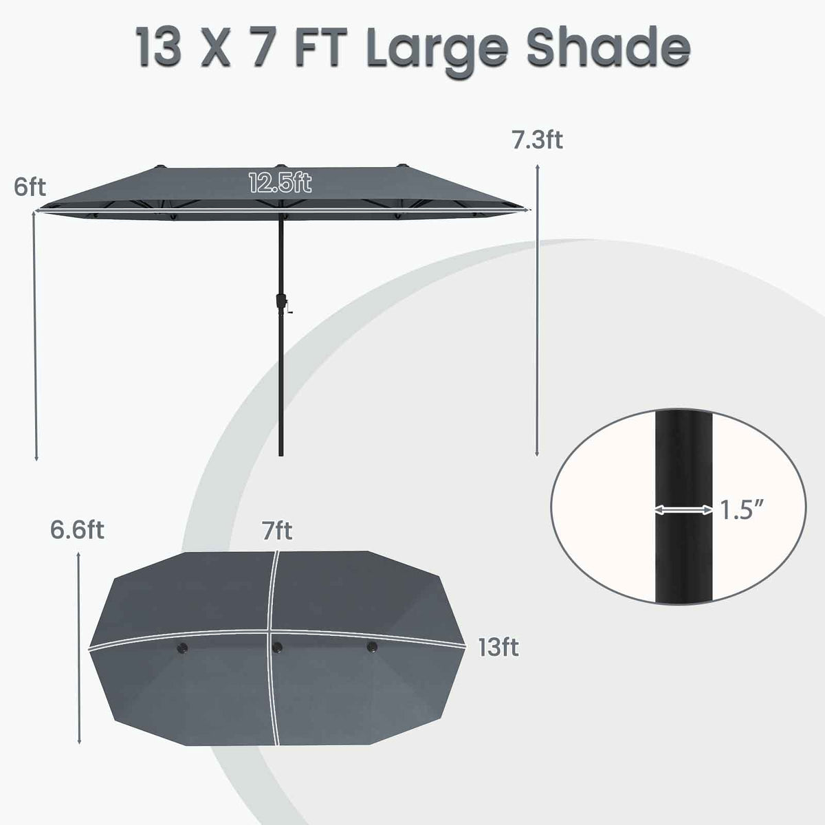 13 Ft Double-Sided Patio Umbrella, Crank Handle, Gray